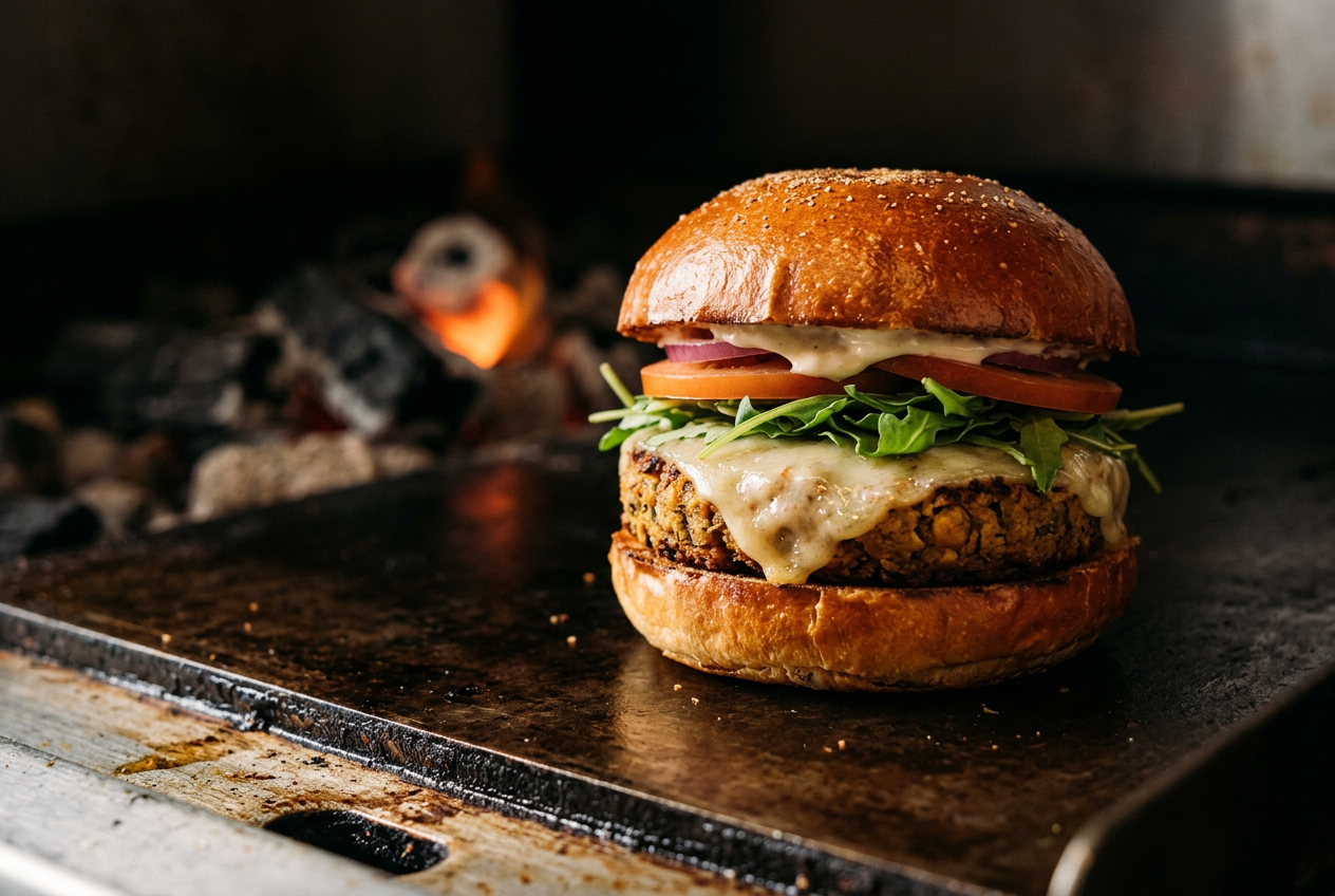 Veggie da Chapa: burger de grão-de-bico temperado com queijo derretido e folhas frescas