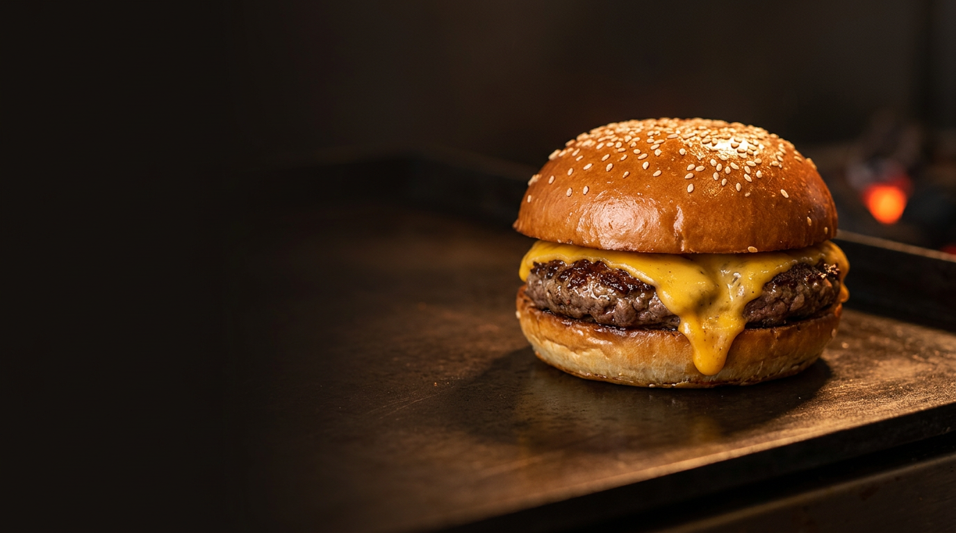 Hambúrguer artesanal em plano fechado sobre a chapa quente, com queijo derretido, carne fresca e luz lateral quente de brasa